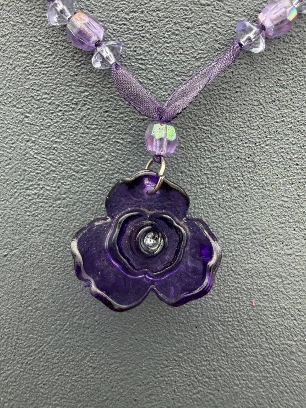 Rose Pendant Necklace 16 In Purple Glass Beaded Ribbon Retro Boho Flower Floral